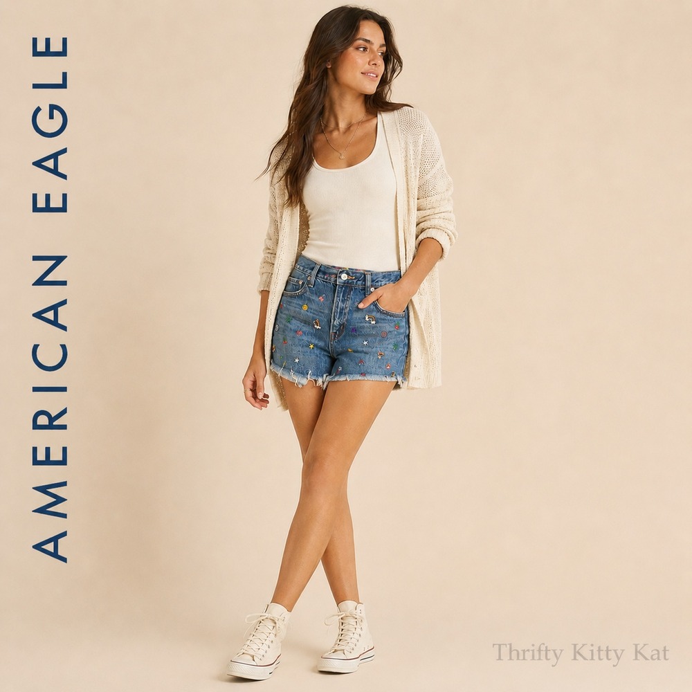 American Eagle 90s Boyfriend Denim Shorts Embroidered Raw Hem Medium Wash 4‎